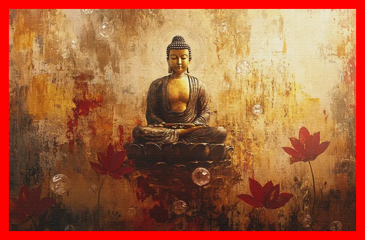 Lord Buddha in meditation on a lotus throne with floating bubbles and red lotus flowers on a golden background. | PrintPosters.in